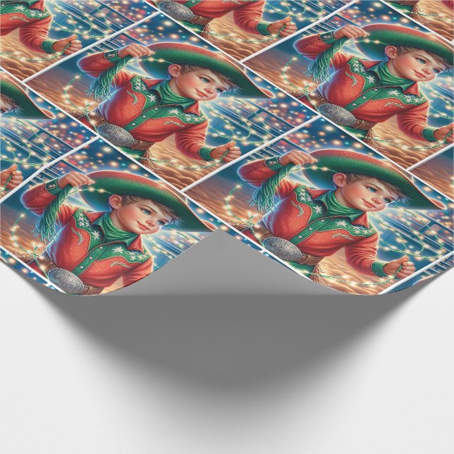 Little Cowboy Twirling Christmas Lights Wrapping Paper (Corner)