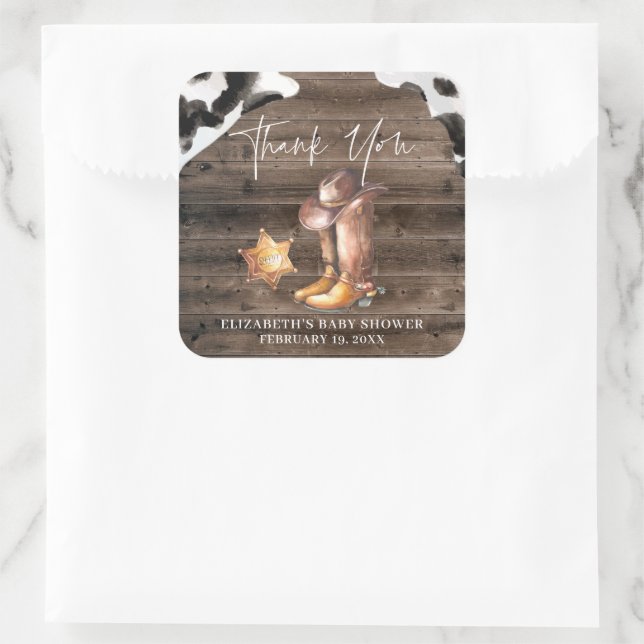Little Cowboy | Western Baby Shower Favour Square Sticker (Bag)
