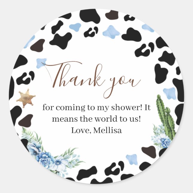 Little Cowboy Western Baby Shower Thank you Classic Round Sticker (Front)