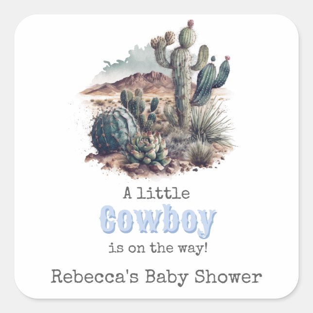 Little Cowboy Western Blue Boy Baby Shower Decor Square Sticker (Front)