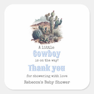 Little Cowboy Western Blue Boy Baby Shower Favour Square Sticker