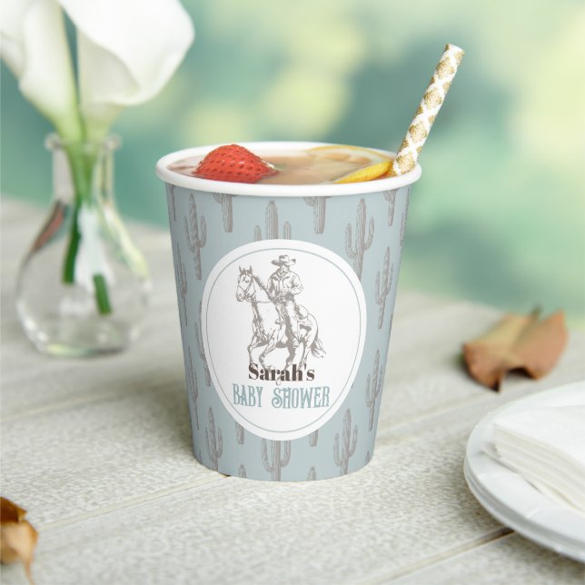 Little Cowboy Western Blue Boy Baby Shower Paper Cups (Insitu)