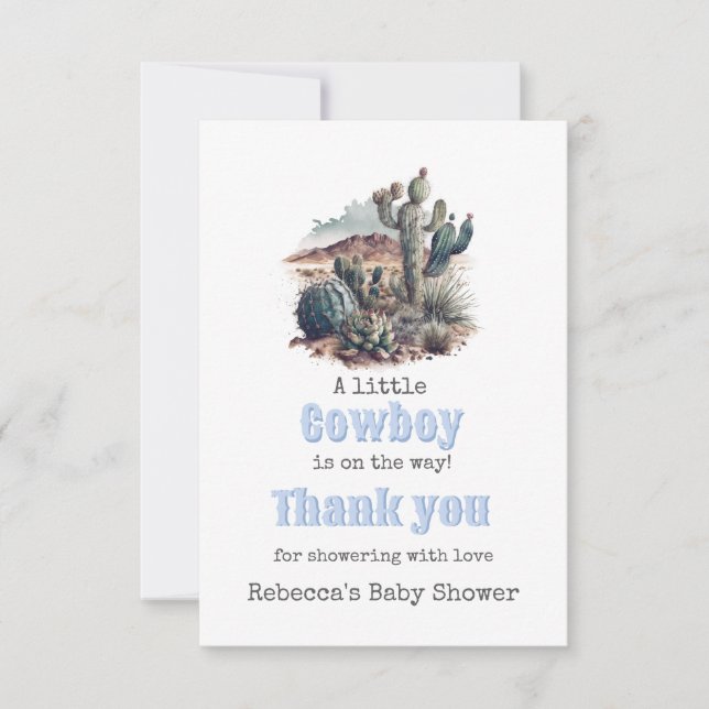 Little Cowboy Western Blue Boy Baby Shower Welcome Thank You Card (Front)