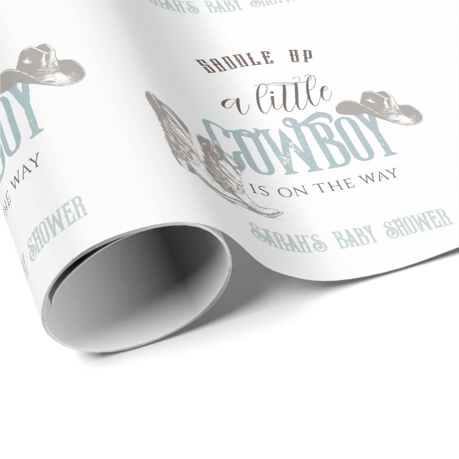 Little Cowboy Western Blue Boy Baby Shower Wrapping Paper (Roll Corner)