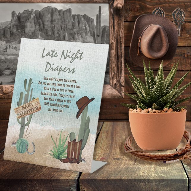 Little Cowboy Western Shower Late Night Diapers  Pedestal Sign (Rustic Western Boy Baby Shower Late Night Diapers  Pedestal Sign -- "A Little Cowboy Is On His Way" )