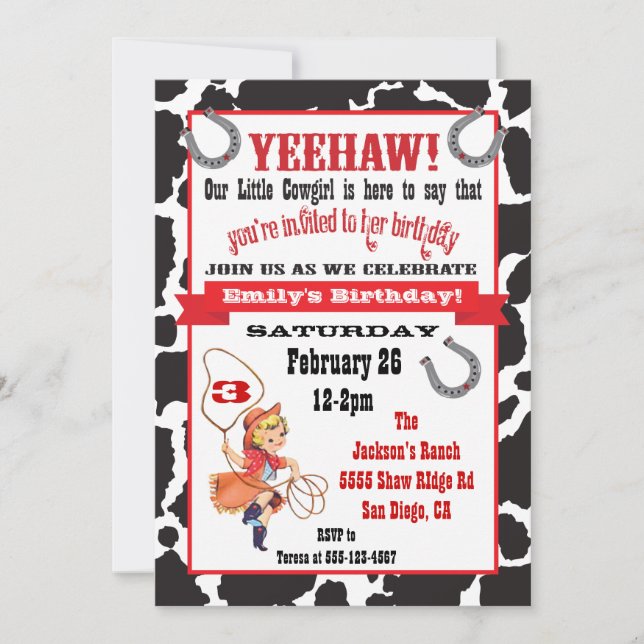 Little cowgirl birthday party invitation (Front)