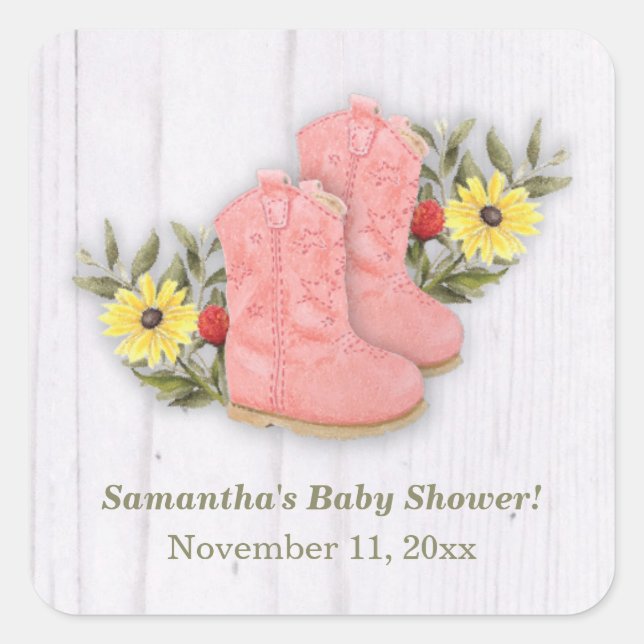 Little Cowgirl Bootie Baby Shower White Wood Square Sticker (Front)
