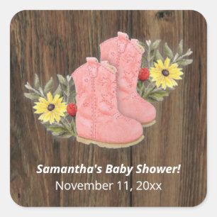 Little Cowgirl Bootie Dark Wood Baby Shower Square Sticker