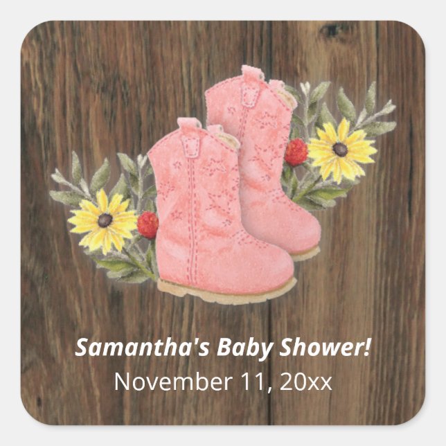 Little Cowgirl Bootie Dark Wood Baby Shower Square Sticker (Front)