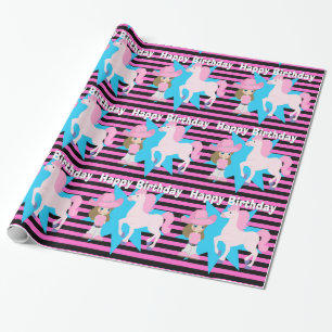 Little Cowgirl Brown Hair with Horse Happy Birthda Wrapping Paper