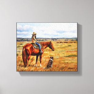 Little Cowgirl on Cattle Horse Canvas Print