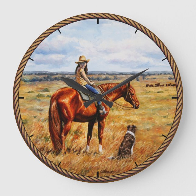 Little Cowgirl on Cattle Horse Large Clock (Front)