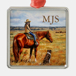 Little Cowgirl on Cattle Horse Metal Tree Decoration