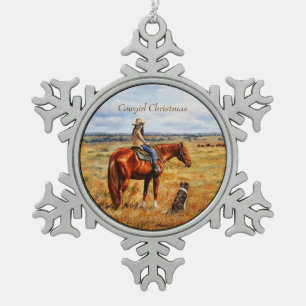 Little Cowgirl on Cattle Horse Snowflake Pewter Christmas Ornament