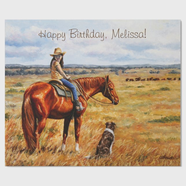 Little Cowgirl on Cattle Horse Wrapping Paper (Flat)