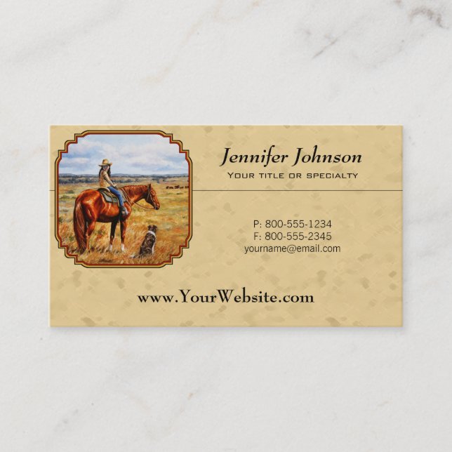 Little Cowgirl on Cattle Horse Yellow Business Card (Front)
