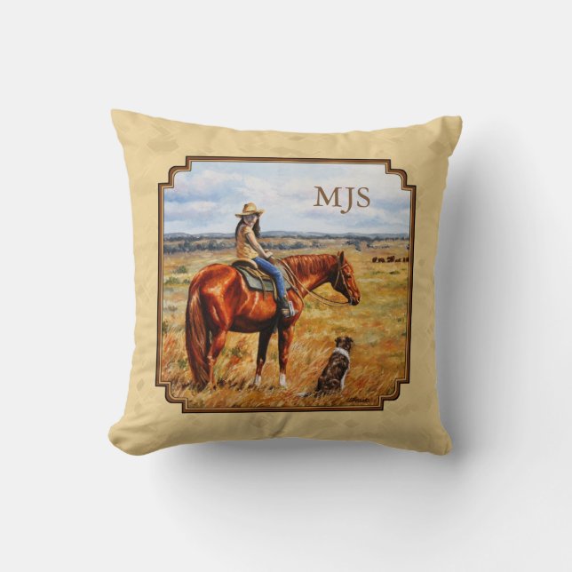 Little Cowgirl on Cattle Horse Yellow Cushion (Front)