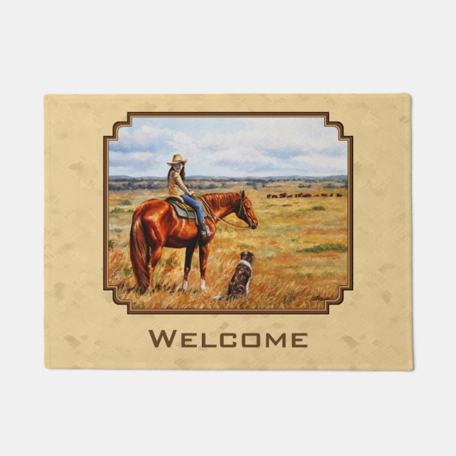 Little Cowgirl on Cattle Horse Yellow Doormat (Front)