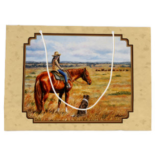 Little Cowgirl on Cattle Horse Yellow Large Gift Bag