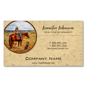 Little Cowgirl on Cattle Horse Yellow Magnetic Business Card