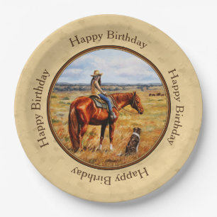 Little Cowgirl on Cattle Horse Yellow Paper Plate
