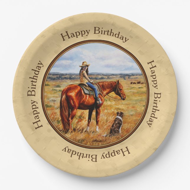 Little Cowgirl on Cattle Horse Yellow Paper Plate (Front)