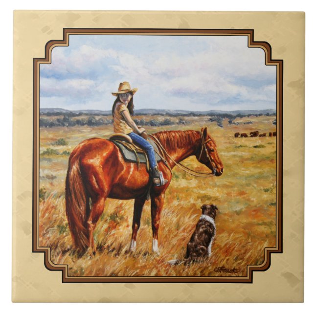 Little Cowgirl on Cattle Horse Yellow Tile (Front)