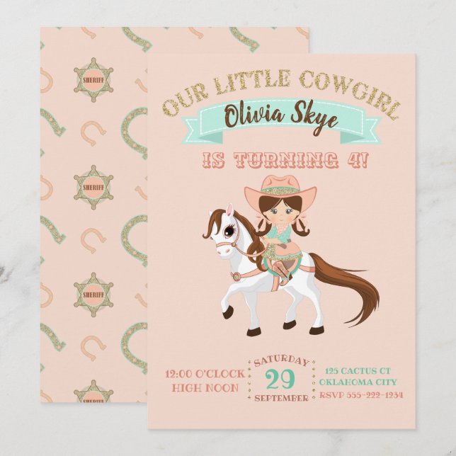 Little Cowgirl on Horse Girls Birthday Invitation (Front/Back)