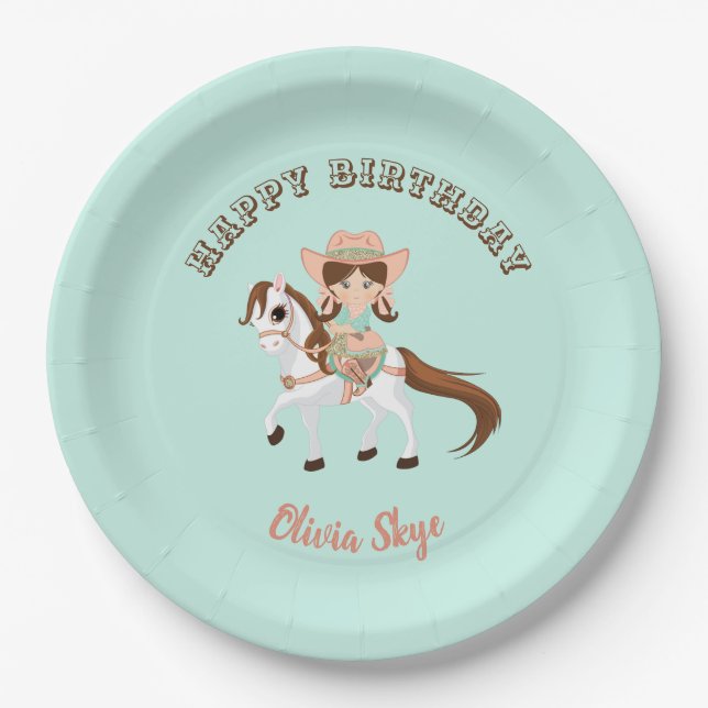 Little Cowgirl on Horse Girls Western Birthday Paper Plate (Front)