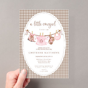 Little Cowgirl Pink Clothesline Baby Shower Acrylic Invitations