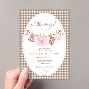 Little Cowgirl Pink Clothesline Baby Shower Acrylic Invitations