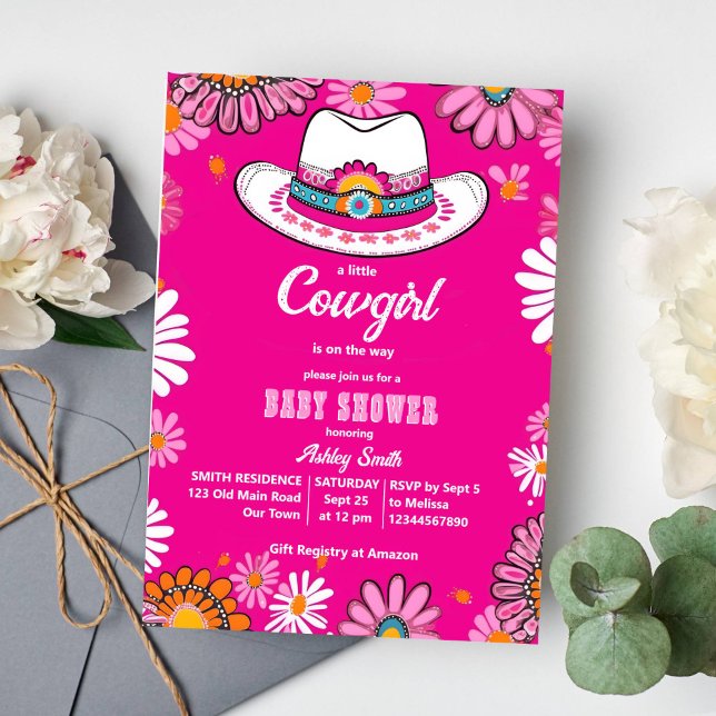 Little cowgirl pink retro daisies baby shower invitation (Little cowgirl groovy retro baby shower template invitation boho daisies cowgirl hat western themed)