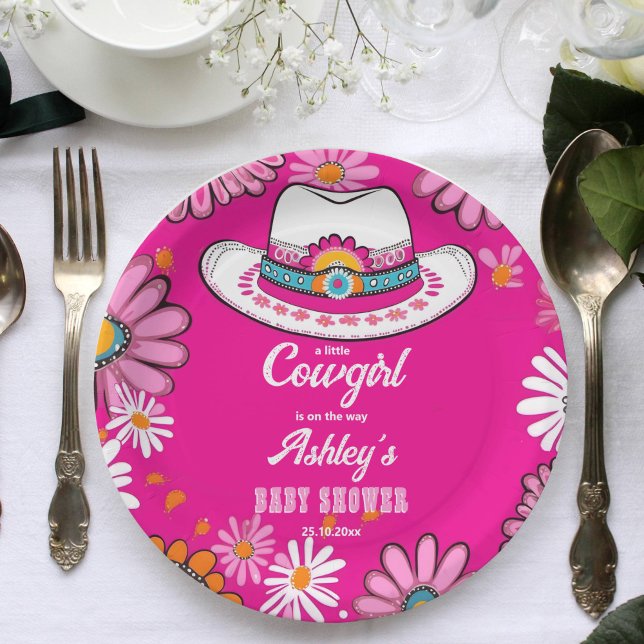 Little cowgirl pink retro daisies hat baby shower paper plate (Little cowgirl  hot pink cowgirl hat and groovy retro daisies baby shower napkins western themed)