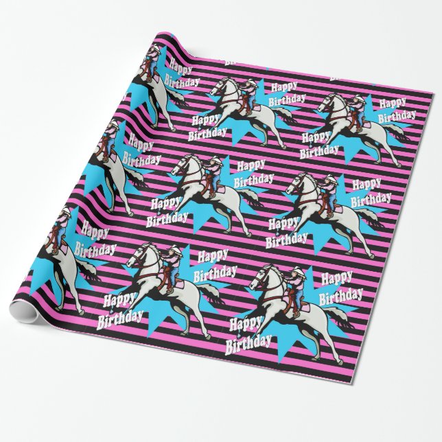 Little Cowgirl Running Horse Happy Birthday Wrapping Paper (Unrolled)