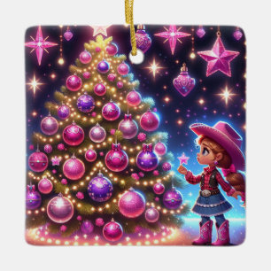 Little Cowgirl Standing In Front Of Tree Christmas Ceramic Ornament
