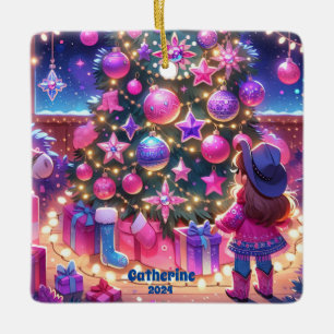 Little Cowgirl Standing In Front Of Tree Custom Ceramic Ornament