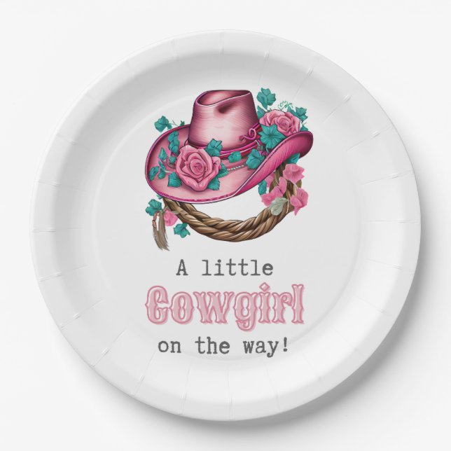 Little Cowgirl Western Pink Hat Floral Baby Shower Paper Plate (Front)