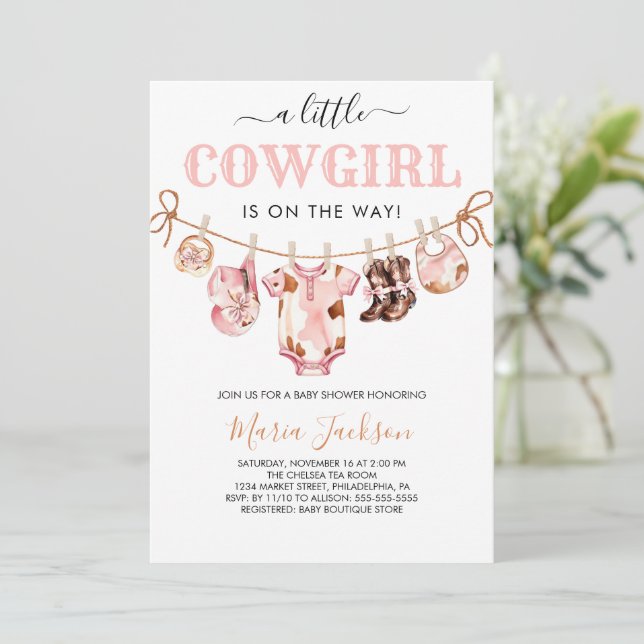 Little Cowgirl Wild West Pink Cowgirl Baby Shower Invitation (Standing Front)