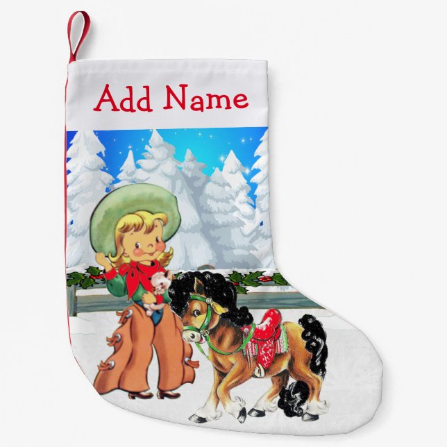 Little Cowgirl With Horse  Winter Scene Small Christmas Stocking (Front)