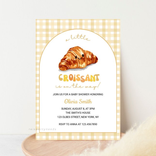 Little Croissant on the Way Baby Shower  Invitation (Baby Shower Invitation, for Boy or Girl, Little Bun in the Oven, Croissant Baby Invite, Watercolor C)