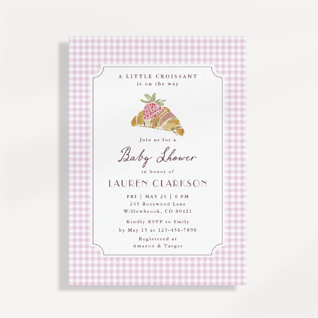 Little Croissant Pink Gingham French Baby Shower Invitation (Creator Uploaded)