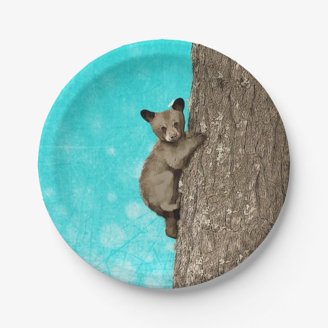 Little Cub Bear Climbing Tree Paper Plate (Front)