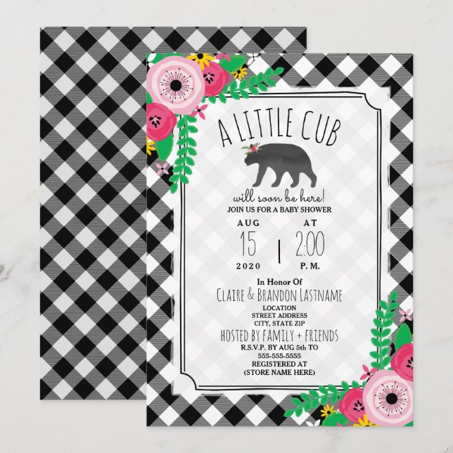 Little Cub Plaid Black + White Girly Baby Shower Invitation (Front/Back)