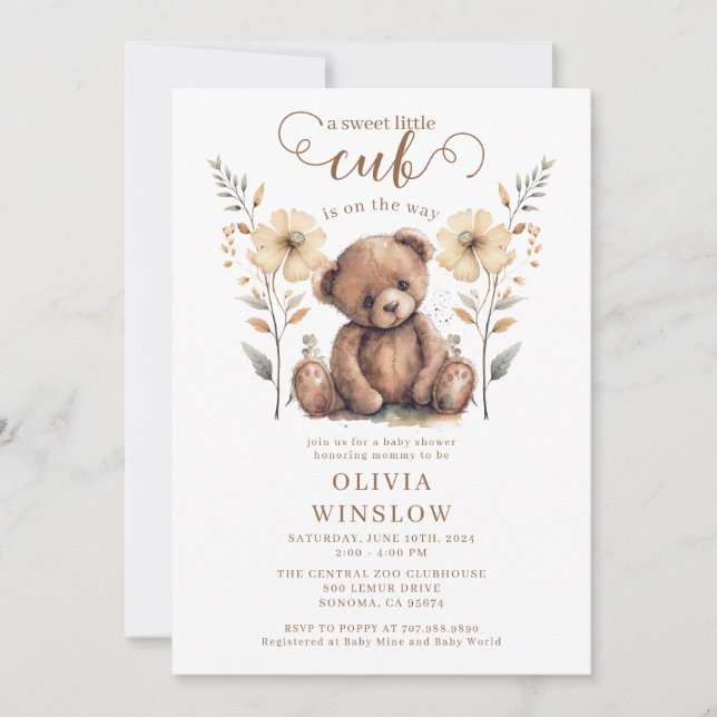 Little Cub Watercolor Teddy Bear Baby Shower Invitation (Front)