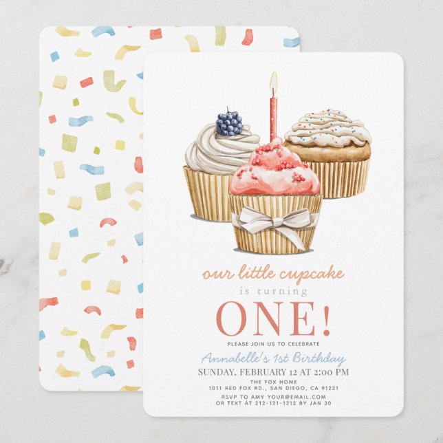 Little Cupcake Girl 1st Birthday Invitation (Front/Back)