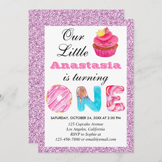 Little Cupcake Pink Lilac Glitter 1st Birthday One Invitation (Front/Back)