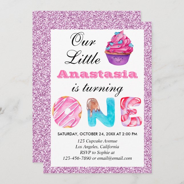Little Cupcake Pink Lilac Glitter 1st Birthday One Invitation (Front/Back)