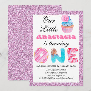 Little Cupcake Pink Lilac Glitter 1st Birthday One Invitation