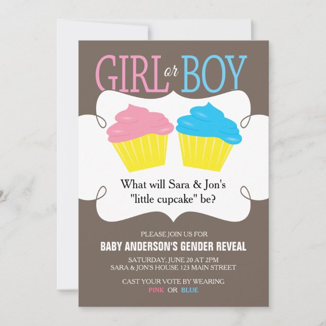 Little Cupcake Pink or Blue Gender Reveal Party Invitation (Front)