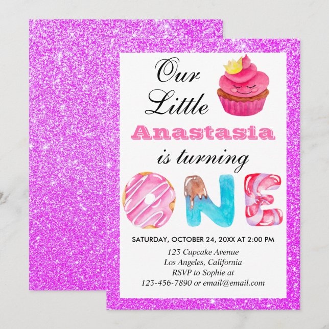 Little Cupcake Purple Glitter 1st Birthday One Invitation (Front/Back)